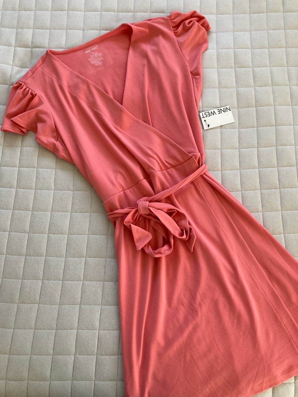 Nine West Women’s Coral Pink Wrap-Style Mini Dress with Tie Waist - Size L
